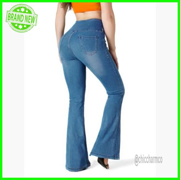 High Waisted Stretch Flare Jeans with Pockets, Pull On Yoga Pants - Picture 2 of 5